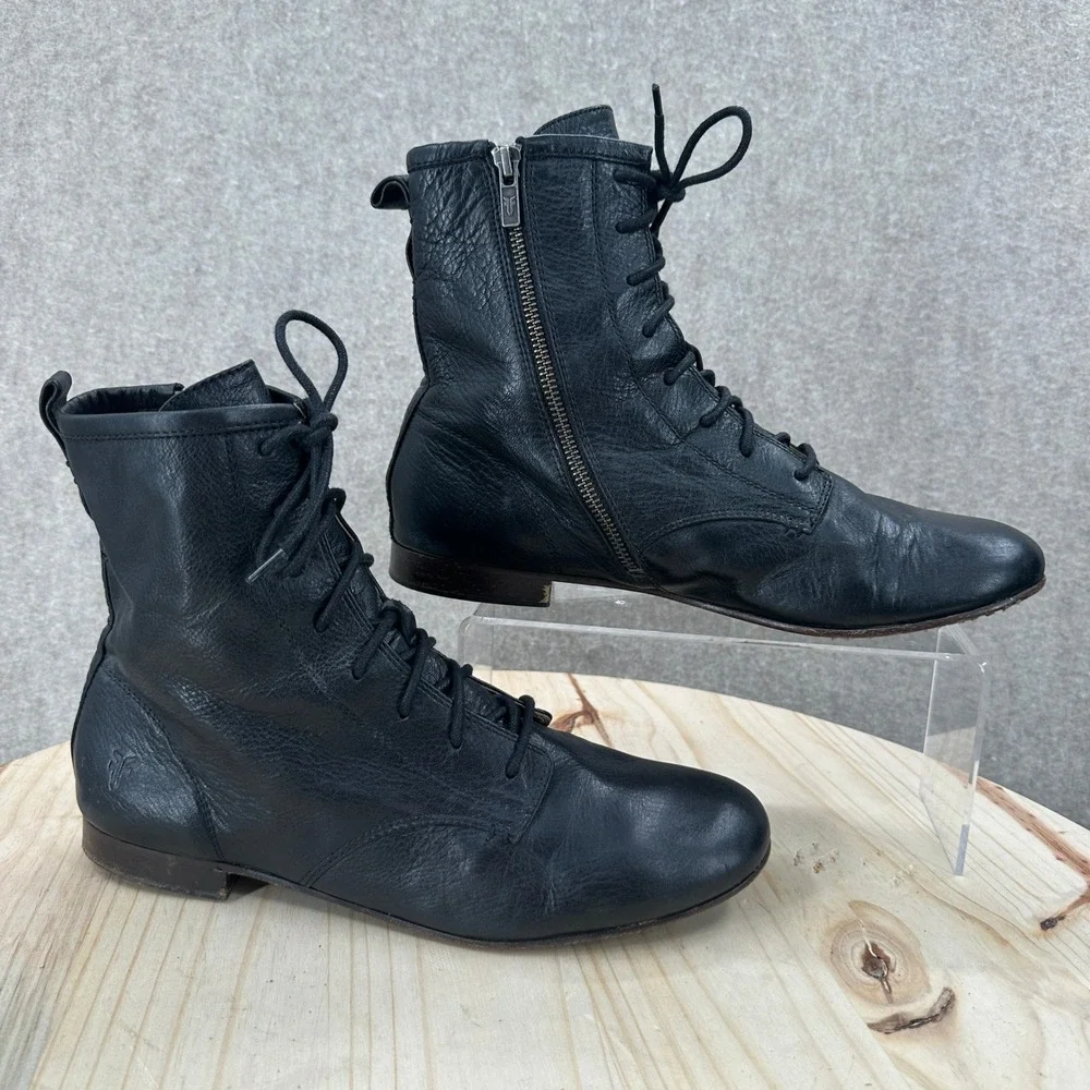 Frye Jillian Lace Up Boots Womens 11 SOFT Black Leather Zip Ankle Minimalist